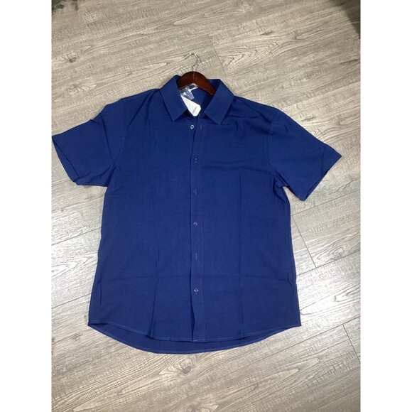 Coofandy Mens Short Sleeve Button-Down Shirt Medium 100% Polyester Navy Blue new - Picture 1 of 7